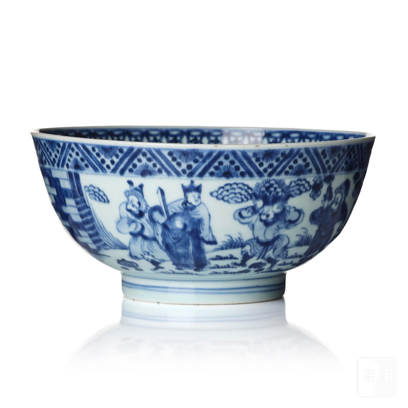 A blue and white 'foreigners bearing gifts' bowl,